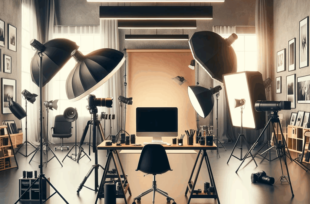An empty photographic studio, with no people present. The studio is equipped with professional photography gear like tripods, lighting equipment, soft