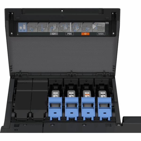 GP-4600S ink bay showing Y, M, C cartridges