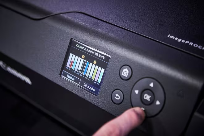 Checking Canon imagePROGRAF PRO printer settings on the control panel