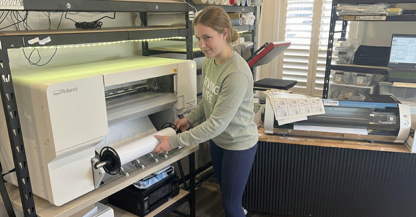 PLACEHOLDER: Real home office workspace with Roland BN2-20A, vinyl storage, and packaging materials